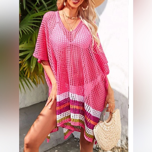 Moments Collection swimsuit cover knit net poncho pullover, sz M - Picture 1 of 9